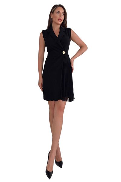 Moda Amore Rochie de seară fără mâneci pentru femei, cu decolteu dublu, cu pliuri și detaliu cu nasturi