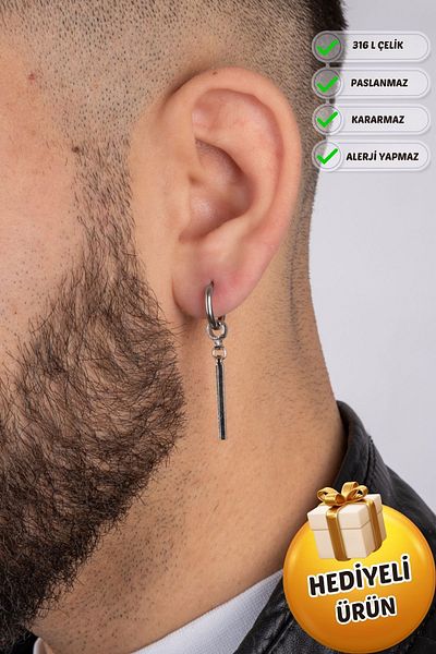 Piercing Market Steel & Silver Men's Steel Ring Dangle Stylish Earrings Rust No Darkening