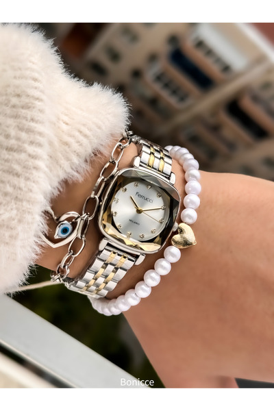 Ferrucci 25*25 MM Kasa,Gümüş Sarı Çelik Kordon, Kare Kadran, Kesme Cam,Taşlı Kadın Kol Saati+Kalp Bileklikler