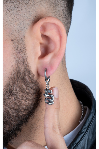 Piercing Market Steel & Silver Unisex Steel Ring Zircon Stone Dangle Dragon Earrings Does Not Rust or Tarnish