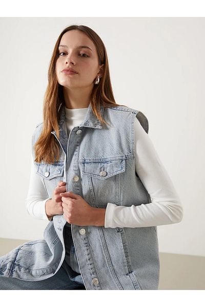 LC Waikiki Vestă de jeans pentru femei LCW Modest Indigo cu guler de cămașă
