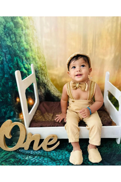 AgTasarım Krem Kahve Doğum Günü Konsept Salopet Takımı