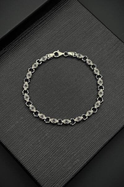 FRNCH 925 Ayar Gümüş İtalyan Model Siyah Zirkon Taşlı Gümüş Renk Erkek Bilekl...