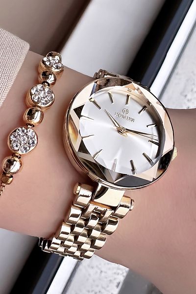 Homies Waterproof Gold Color Women's Wristwatch - Cutout Glass, Steel Band and Bracelet Hmb3013C1