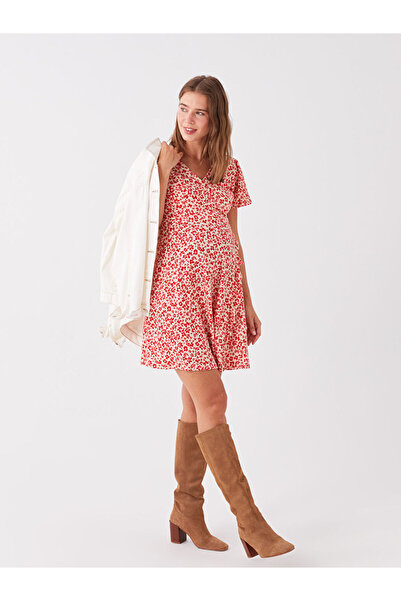 LC Waikiki Rochie de maternitate cu mâneci scurte cu flori Mercan decolteu petrecut în V