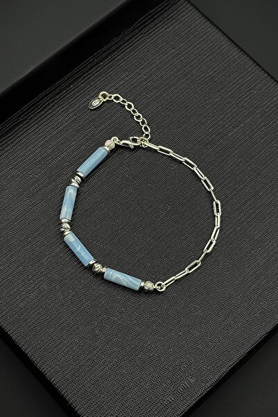 FRNCH 925 Ayar Gümüş ve Aqua Marine Doğal Taşlı Mavi Renk Erkek Bileklik FRJ1...