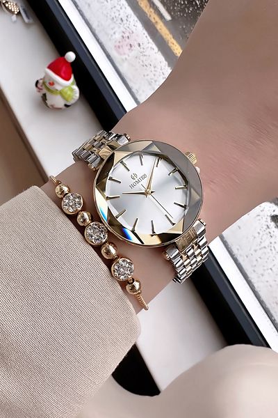 Homies Women's Wrist Watch - Waterproof, Glass Cutting, Gold Silver Color, Steel Band + Bracelet Hmb3013C2
