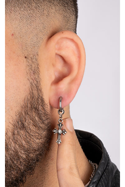 Piercing Market Steel & Silver Unisex Çelik Halka Sallantı Zirkon Taşlı Haç Küpe Paslanma Kararma Yapmaz