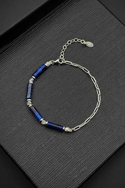 FRNCH 925 Ayar Gümüş ve Lapis Lazuli Doğal Taşlı Lacivert Renk Erkek Bileklik...