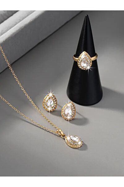 Çelik Lüks ve zarif minimalist taş damla küpeler, kolye ve yüzük içeren aksesuar seti