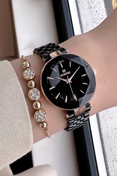 Homies Waterproof Black Women's Wristwatch - Steel Band & Bracelet Hmb3013C3