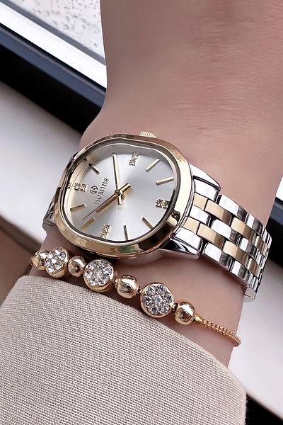 Homies Waterproof Gold Silver Color Oval Case Women Wrist Watch - Steel Band + Bracelet Hmby2019C1