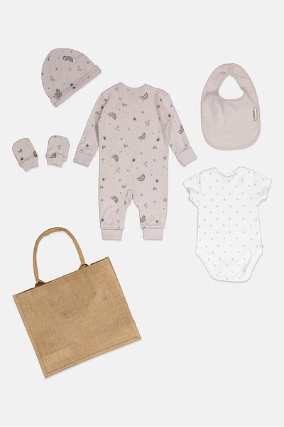 Home Grown Baby 6 Pieces Toddlers Girl Hanging Gift With Bag Set, Taupe