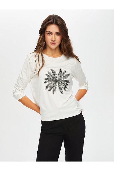 Faik Sönmez Front Floral Lace Appliqued Round Neck T-Shirt 087