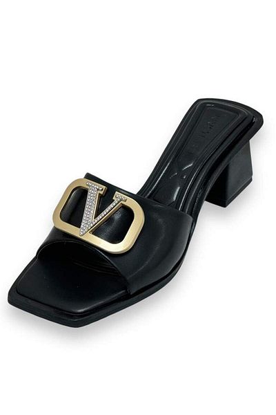 KRISTE BELL Black Skin Real Leather Wide Gold V Buckle Casual Heeled Women's Slippers