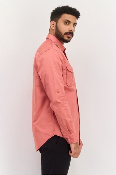 Scotch & Soda Men Regular Fit Embroidered Logo Long Sleeve Casual Shirt, Orange