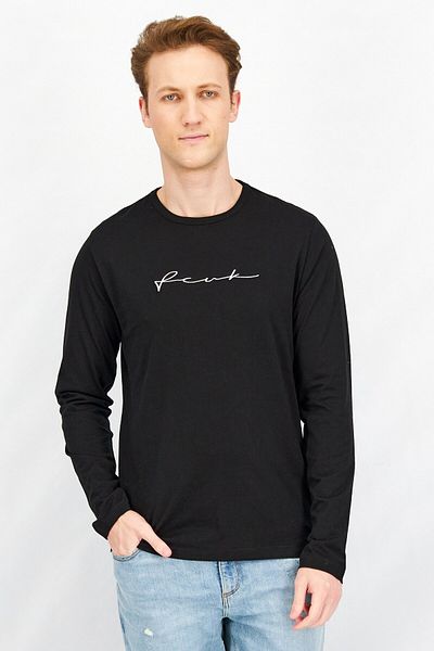 French Connection Men Crew Neck Long Sleeves Embroidered T-shirt, Black