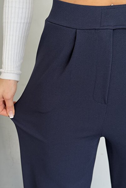 moda armanc Kadın Yüksek Bel Cırt Kapamalı Likralı Lacivert Palazzo Pantolon - Günlük Rahat Kalıp