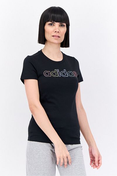 adidas بلوزة نسائية رياضية بأكمام قصيرة للخارج، باللون الأسود