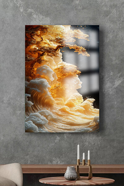 TAULART Gold Ağaç Ultra Yüksek Çözünürlüklü Cam Harika Tasarım Tablosu Kırılmaz Cam Tablo Ev, Salon,Hediyesi