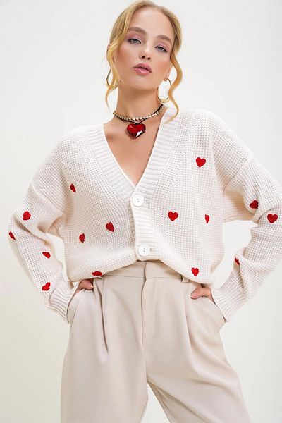 Laviera Women's Ecru Cardigan, Heart Embroidery