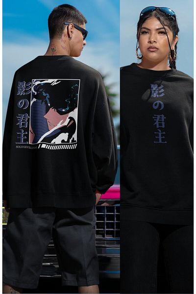 Fuddy Moda Unisex Solo Leveling Printed Back Printed Hoodless Sweatshirt, Oversize Anime Themed Sweatshirt