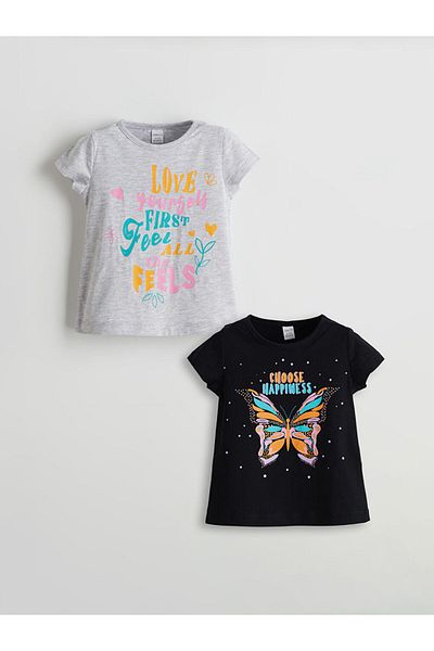 LC Waikiki New Season Crew Neck Printed Girl's T-Shirt Pack of 2 - S5Kh94Z1