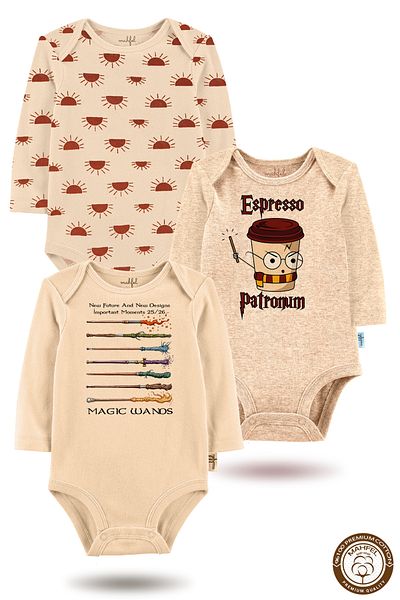 MAHFEL 100% Cotton 3-Piece Organic Printed Snap Fastener Baby Bodysuit
