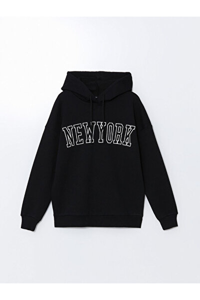 LC Waikiki XSIDE Черна Ню Йорк Печатна Оверсайз Дамска Дебела Качулка