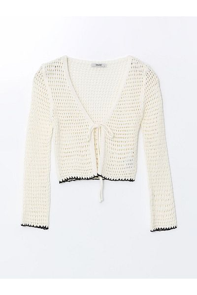 LC Waikiki Xside Ecru V-Neck Openwork Women's Knitwear Cardigan