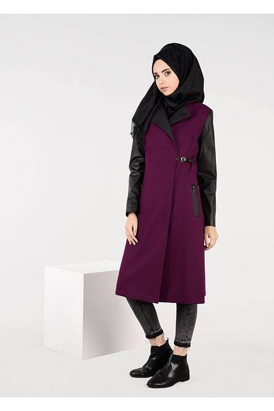 TRENDTESETTÜR Γυναικεία μωβ (BEGONIA) Καμπαρντίνα με μανίκια από συνθετικό δέρμα με λεπτομέρεια ζώνης 1856