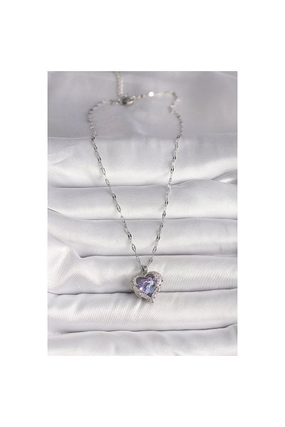 Toptan Bulurum 316L Silver Color Zircon Stone Purple Heart Model Women's Necklace