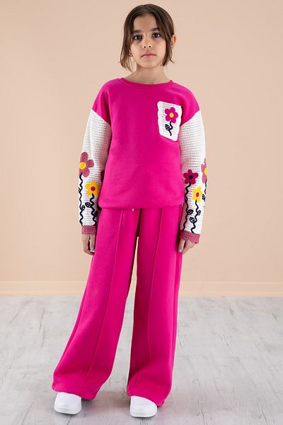 Cansın Mini Fuchsia Floral Embroidery Sleeves Lace Raster Girls Tracksuit Set 20238