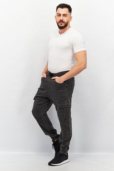 CELIO Men Regular Fit Washed Drawstring Denim Cargo Pants, Charcoal