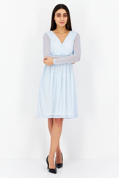 NA-KD Women Surplice Neck Long Sleeve Floral Mesh Dress, Light Blue