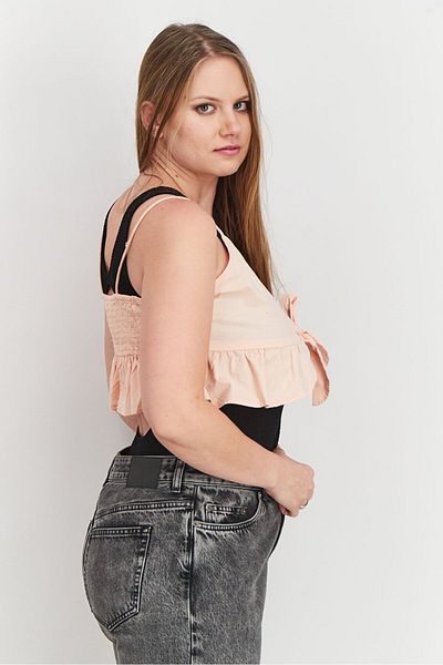 Don't Call Me Jennyfer Women Plunge Neck Sleeveless Textured Ruffle Hem Crop Top, Peach