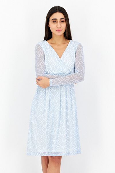 NA-KD Women Surplice Neck Long Sleeve Floral Mesh Dress, Light Blue
