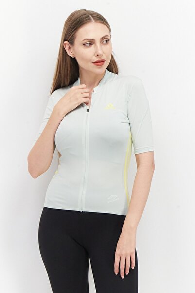 adidas بلوزة رياضية نسائية مطبوعة بأكمام قصيرة، زيتوني