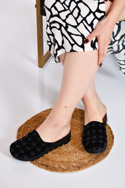 CAPRİ MODA Black Women's Skin Suede Closed Daily Sabo Heeled Slippers with Stones and Buckles