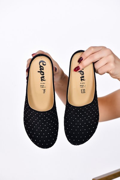 CAPRİ MODA Black Women's Skin Suede Closed Daily Sabo Heeled Slippers with Stones and Buckles