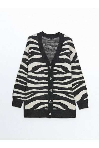 LC Waikiki Lcwaikiki Classic Black V-Neck Zebra Print Women's Knitwear Cardigan
