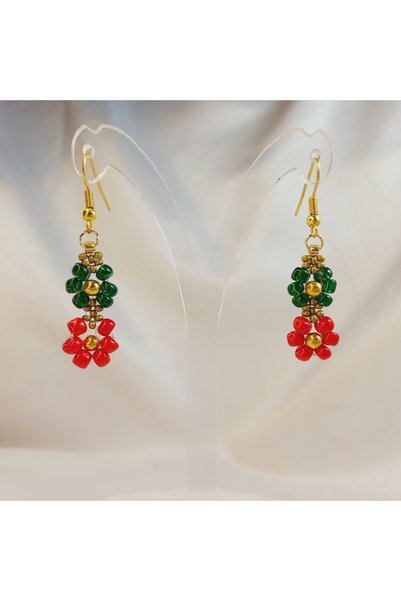Crystal Atelier Handmade Christmas Flower Kokina Earrings – Christmas Themed Beaded Red Green Gift Earrings
