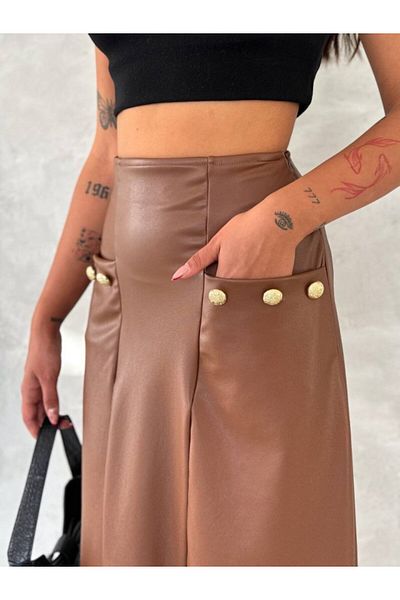 Moka Shopin MokaShopin Γυναικεία τσέπη με ψηλή μέση και λεπτομέρεια με κουμπιά Ευκαιρία προϊόν Δερμάτινη φούστα μεσαίου μήκους