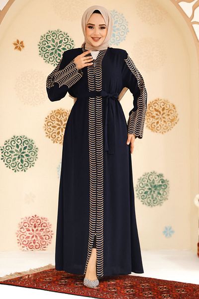 Neva Style Embroidery Embroidered Navy Blue Hijab Abaya 29114L