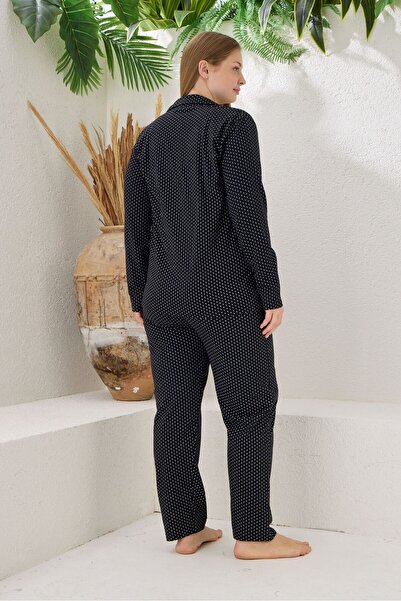 pijamacity Büyük Beden Kadın  Uzun Kollu Pamuklu Önden Düğmeli  Pijama Takımı