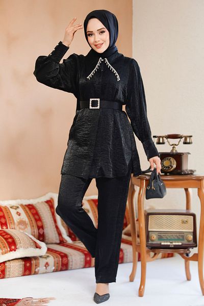Neva Style Costum dublu cu mânecă cu balon negru 2846S