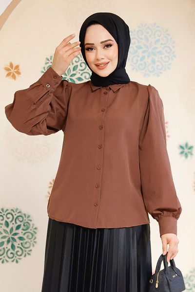 Neva Style Καφέ Πουκάμισο Hijab με κουμπί 52284KH