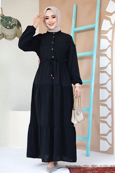 Neva Style فستان حجاب أسود مطوي - 10334S