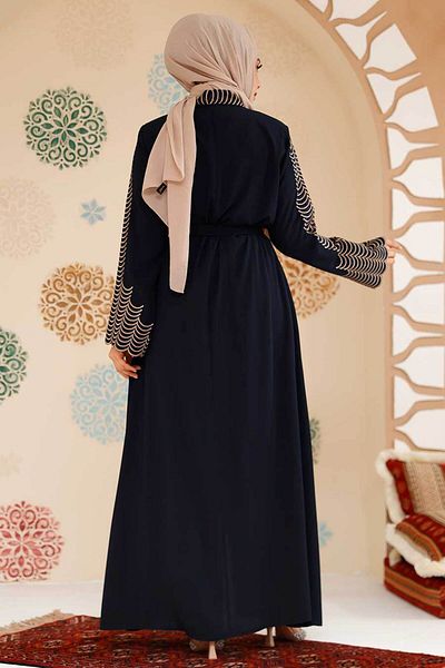 Neva Style Embroidery Embroidered Navy Blue Hijab Abaya 29114L