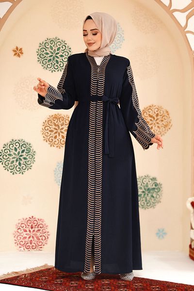 Neva Style Embroidery Embroidered Navy Blue Hijab Abaya 29114L